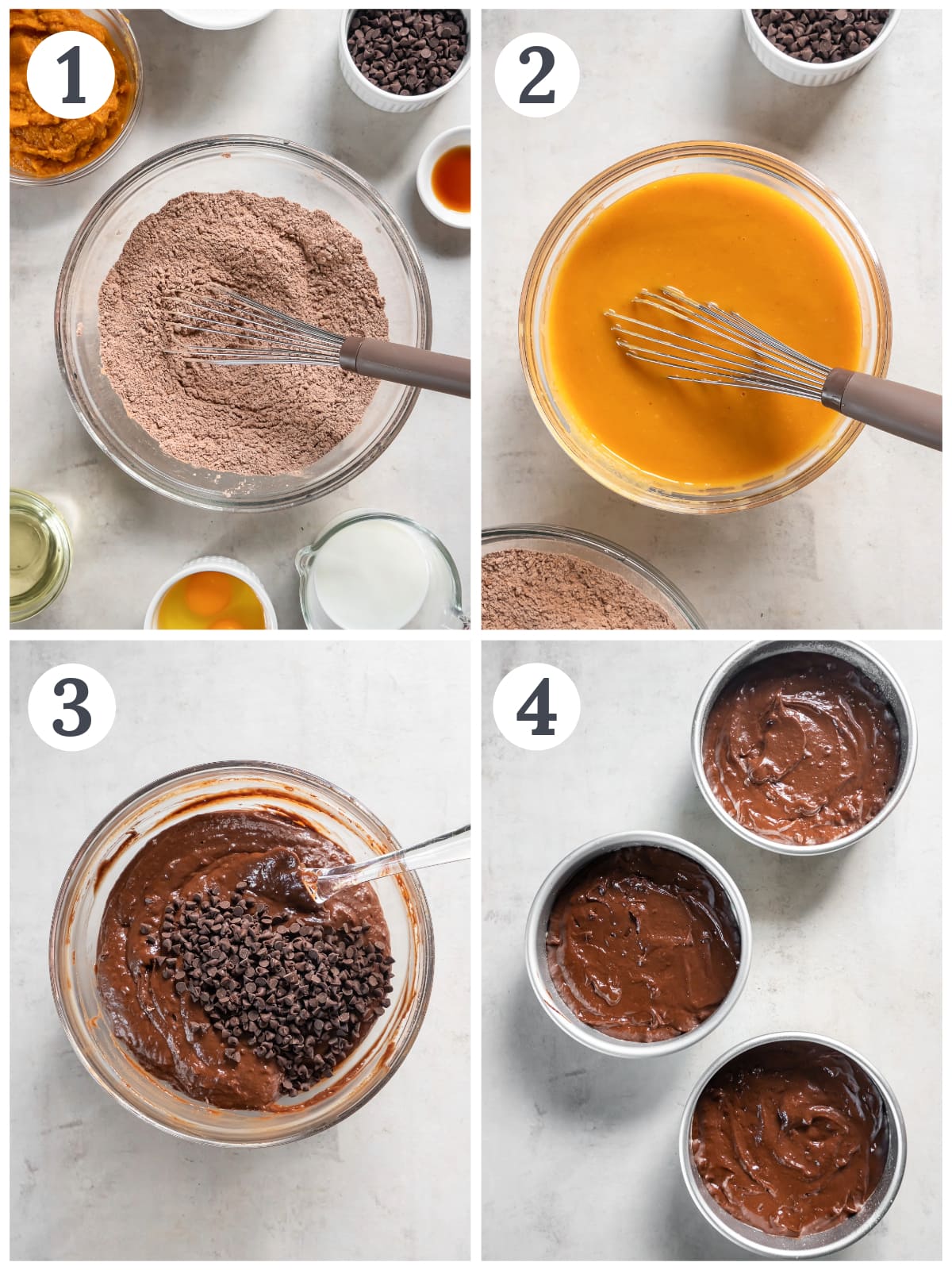 photo collage demonstrating how to make chocolate pumpkin cake in a mixing bowl and cake pans.