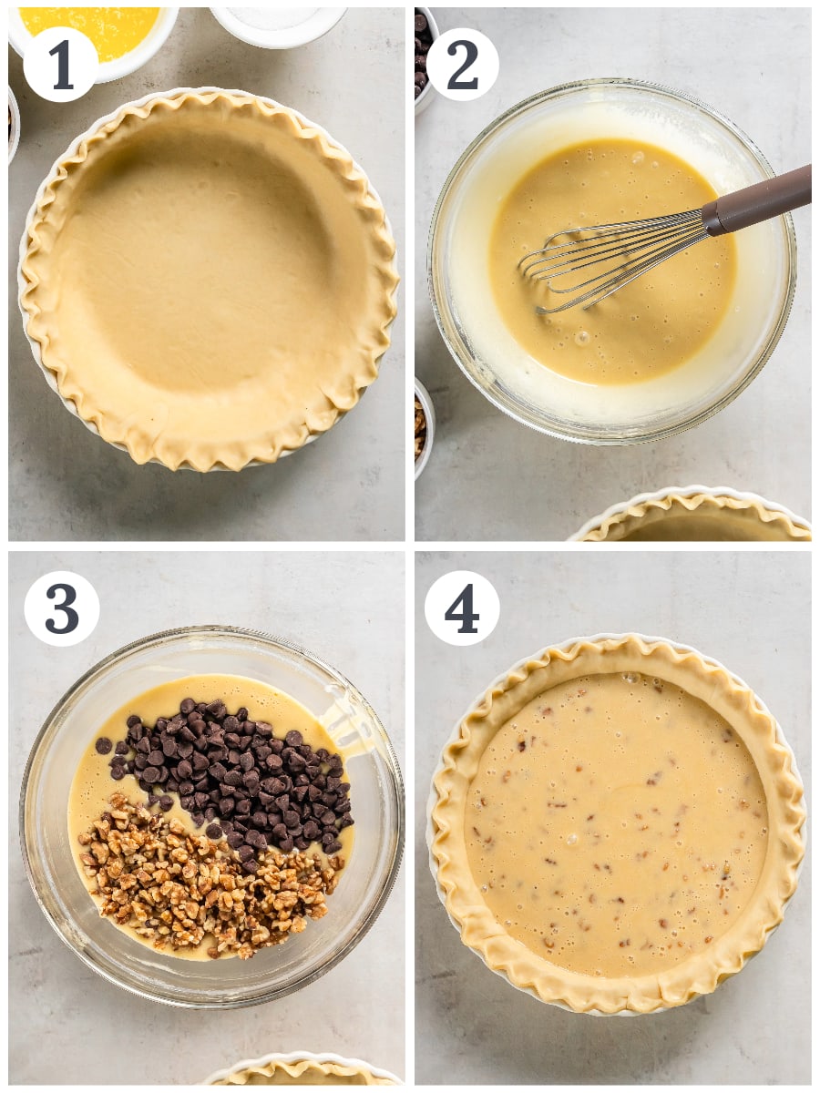 photo collage demonstrating how to make chocolate walnut pie in a mixing bowl and pie plate.