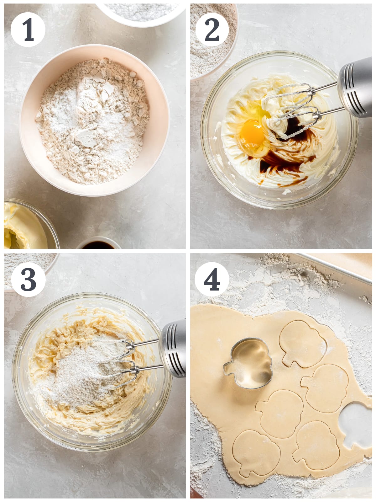 photo collage demonstrating how to make sugar cookie dough in a mixing bowl, rolling dough and cutting into pumpkins.