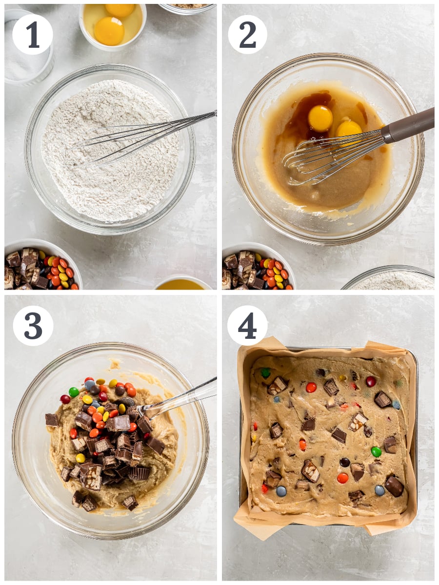 photo collage demonstrating how to make candy cookie bars.