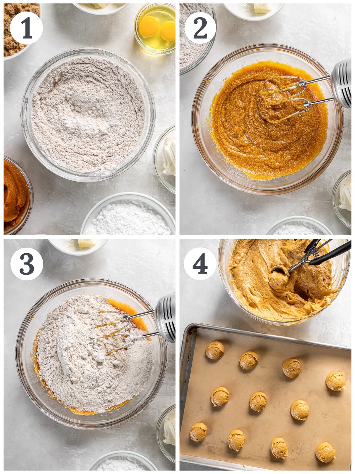 photo collage demonstrating how to make pumpkin whoopie pies in a mixing bowl.