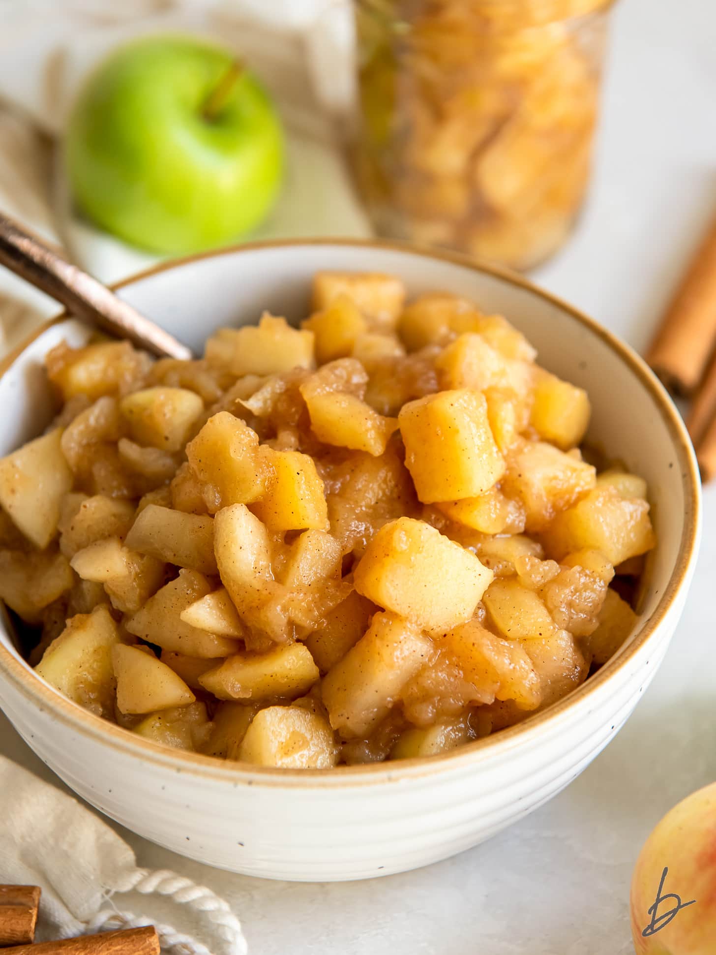 apple compote in a white bowl with a spoon.