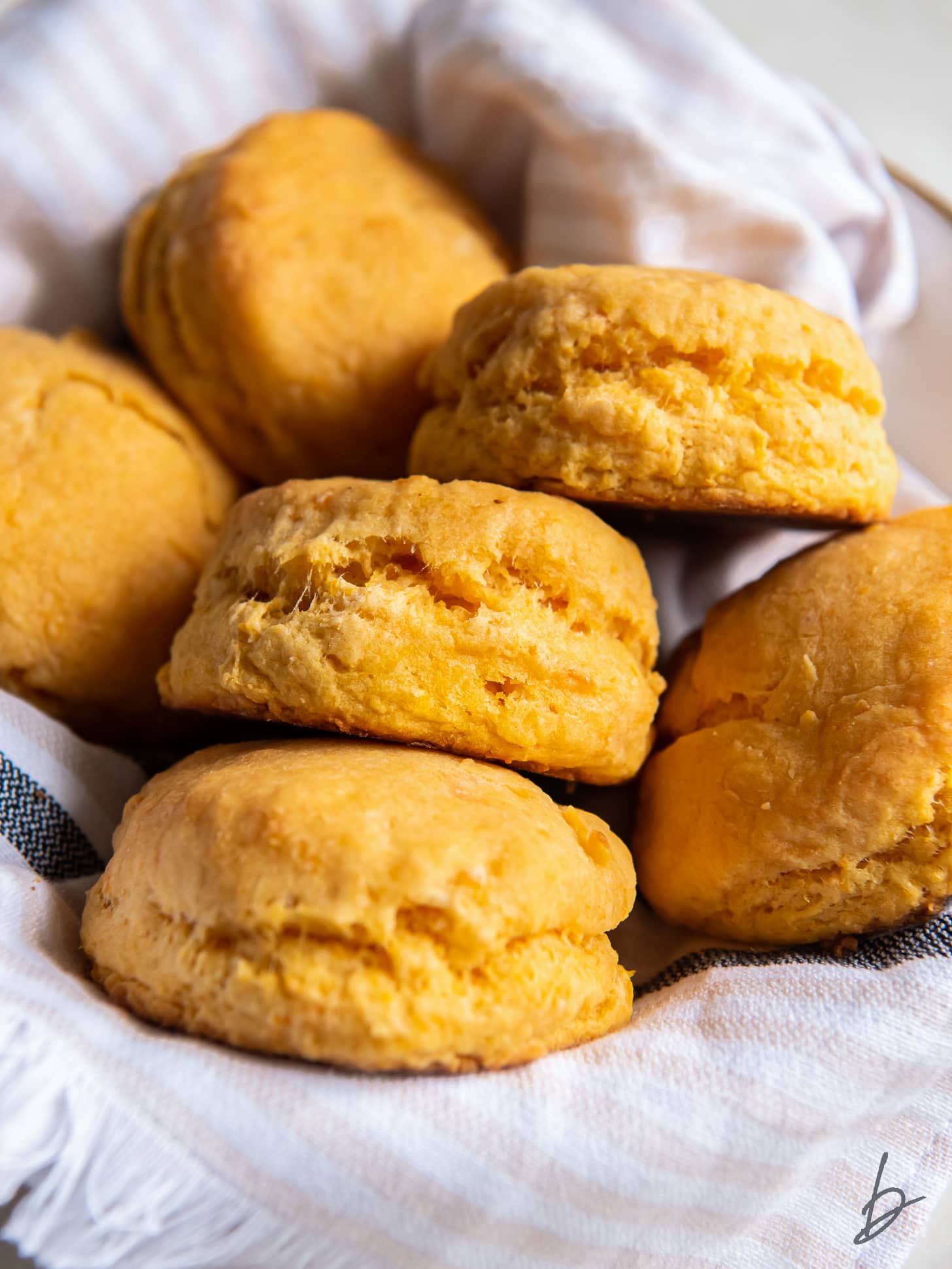several sweet potato biscuits on a striped kitchen cloth in a bowl.