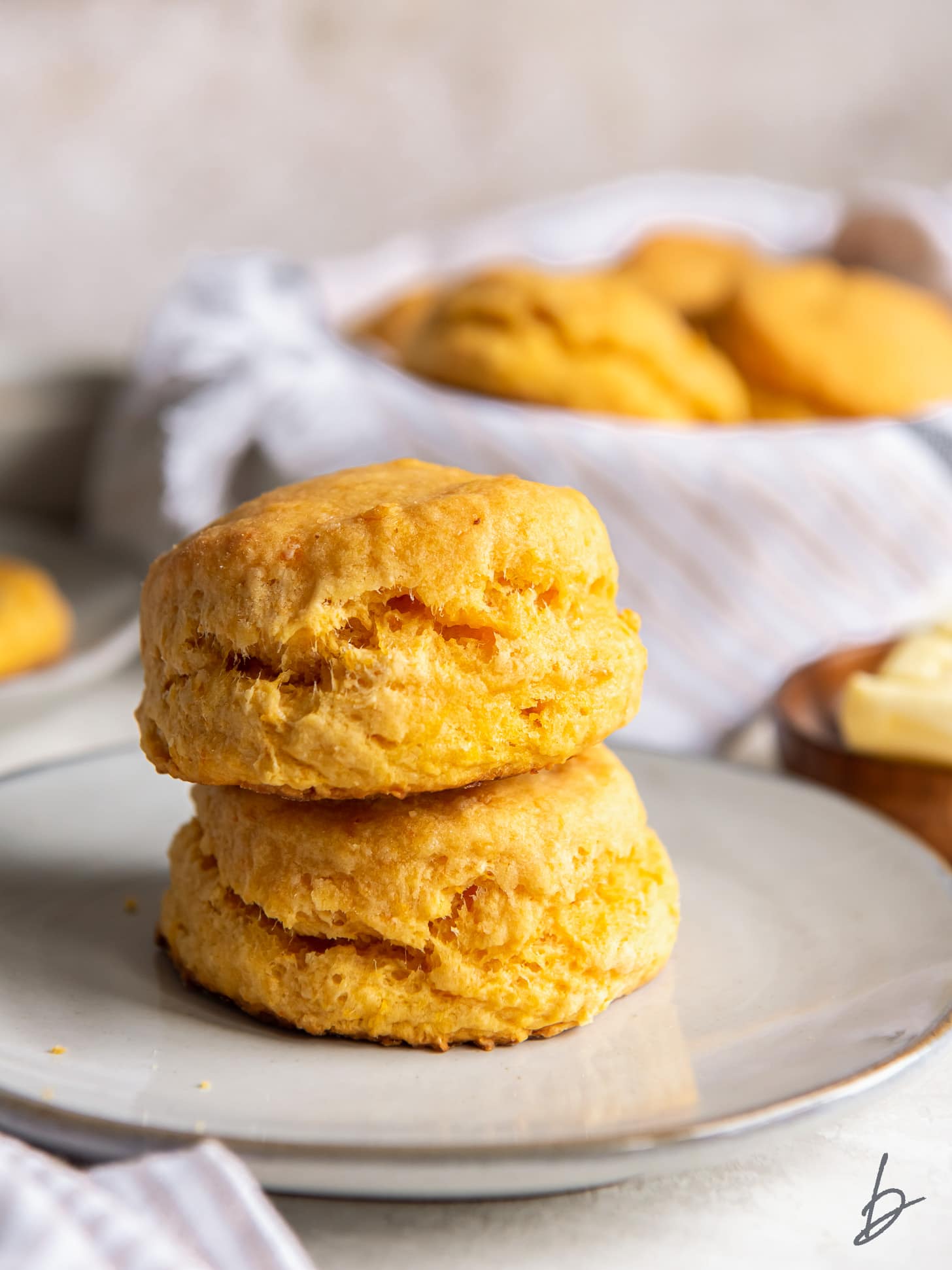 stack of two fluffy sweet potato biscuits on a small gray plate.