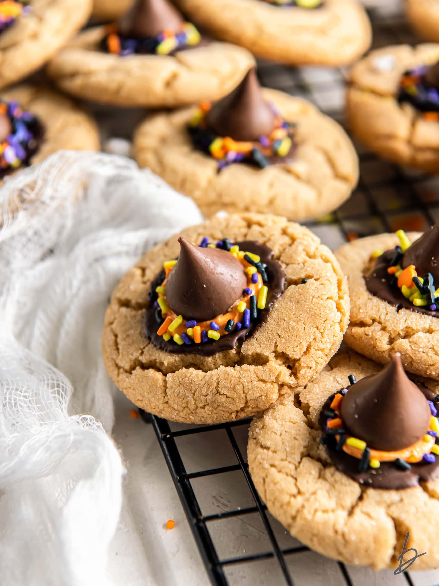 peanut butter witch hat cookies with chocolate kiss hat.