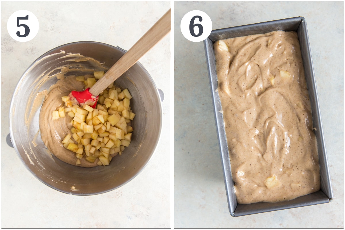 photo collage demonstrating how to make apple cider bread with chopped apples in a loaf pan.