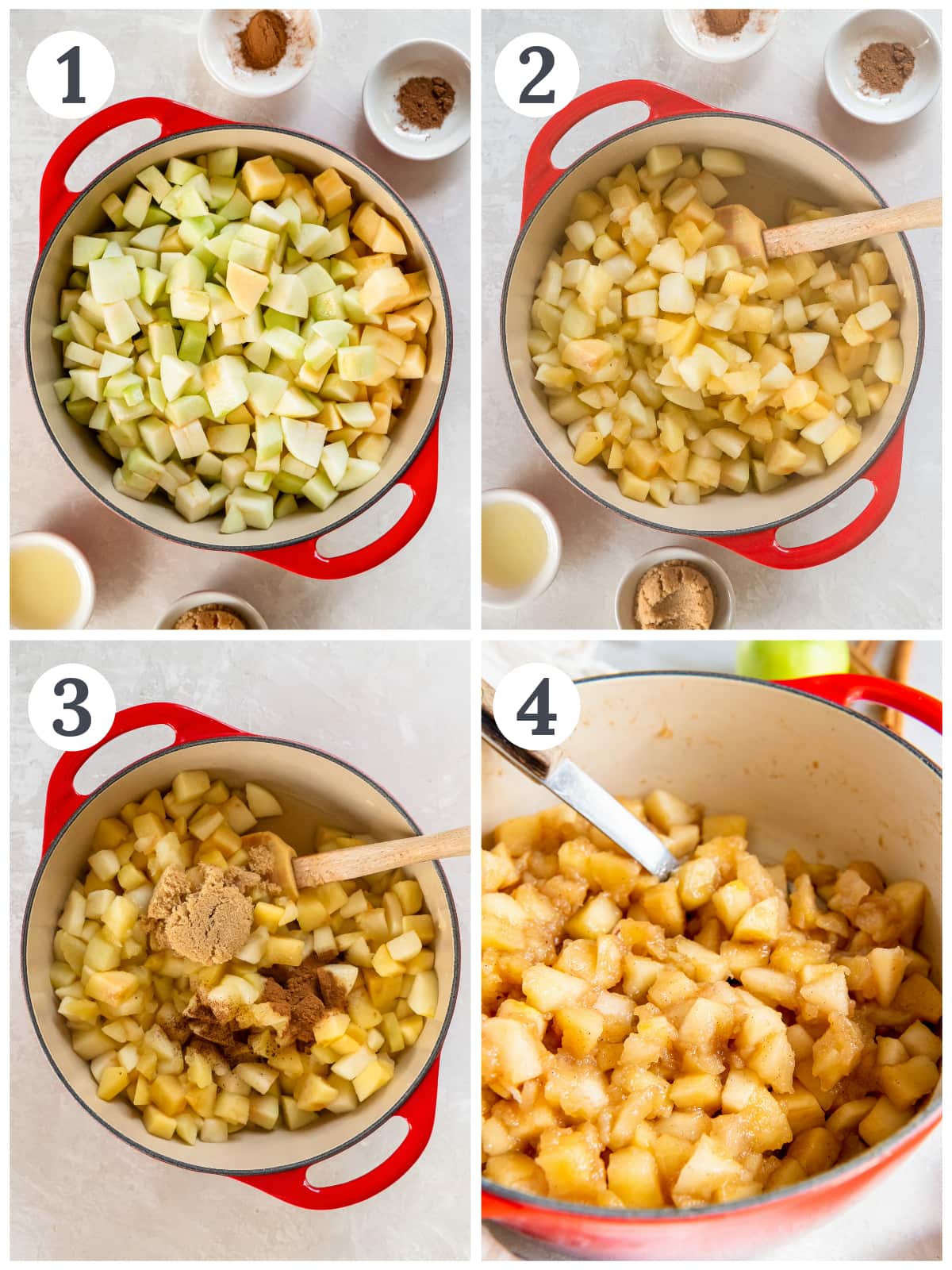 photo collage demonstrating how to make apple compote in a saucepan.