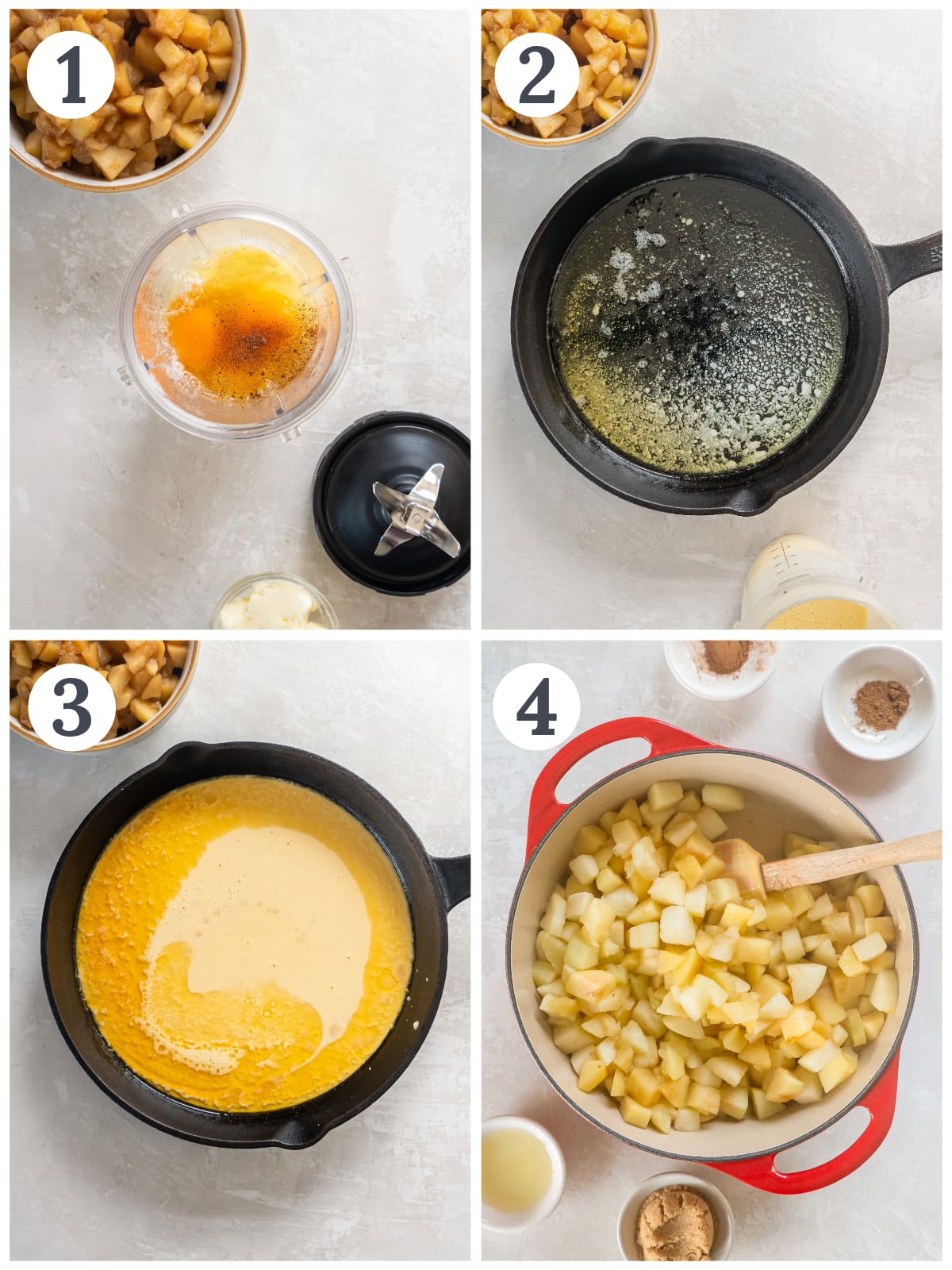 photo collage demonstrating how to make dutch baby batter in a blender and add to skillet; apple compote in a dutch oven.