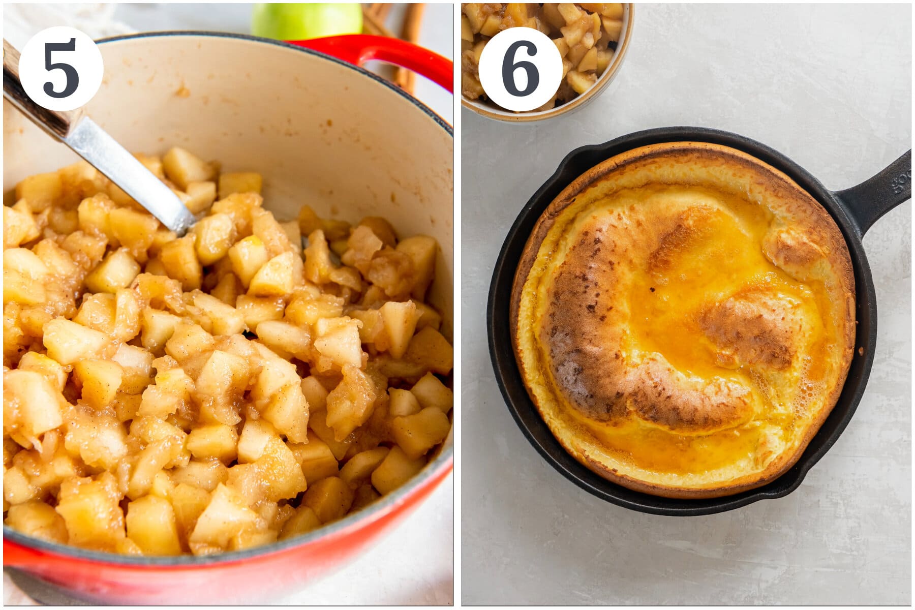 photo collage showing finished apple compote in a dutch oven and finished dutch baby in a skillet.