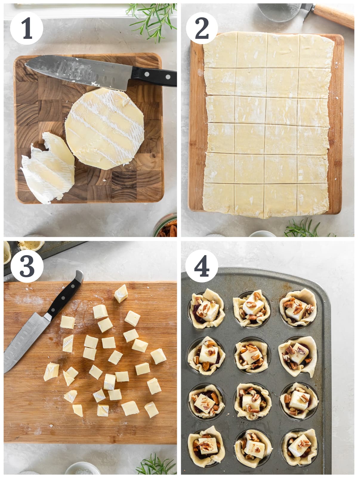 photo collage demonstrating how to make cranberry brie bites with puff pastry in a mini muffin tin.