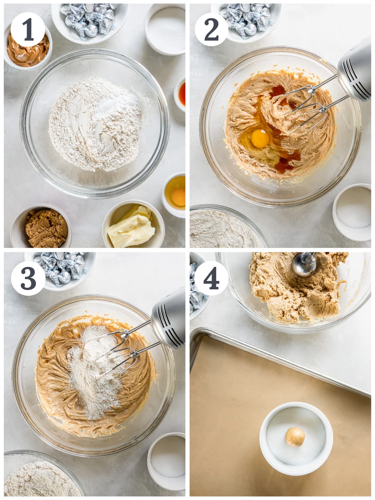 photo collage demonstrating how to make peanut butter cookie dough in a mixing bowl.