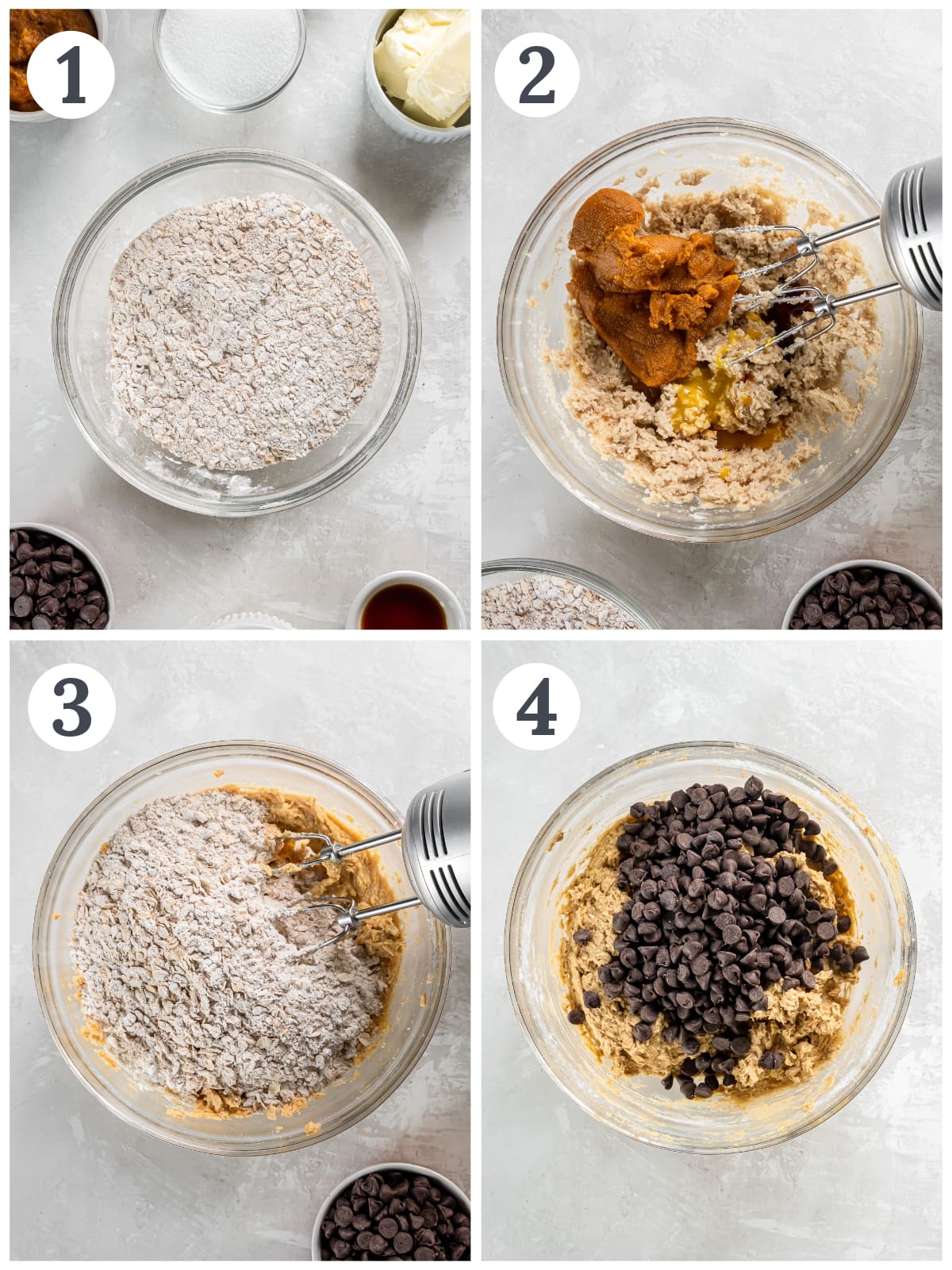 photo collage demonstrating how to make pumpkin oatmeal cookies in a mixing bowl with a hand mixer.