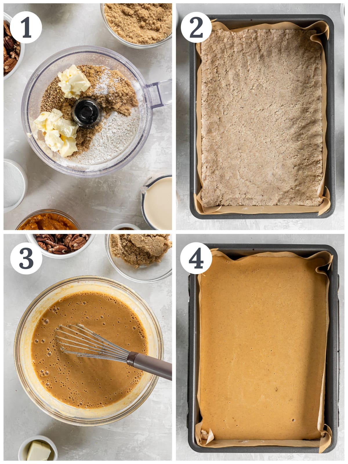 photo collage demonstrating how to make pumpkin pecan pie bars in a 9x13 pan.