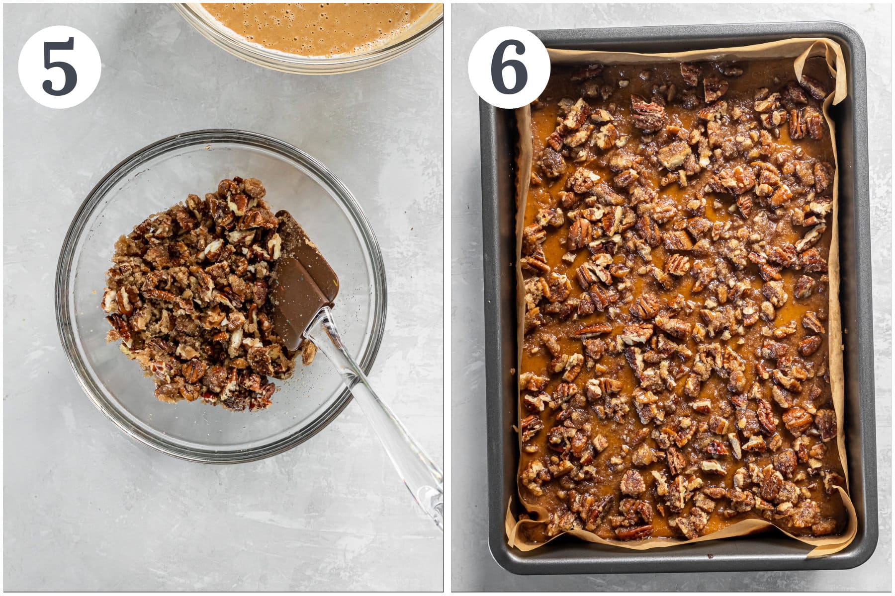 photo collage demonstrating how to make pecan crumble on top of pumpkin pie bars.