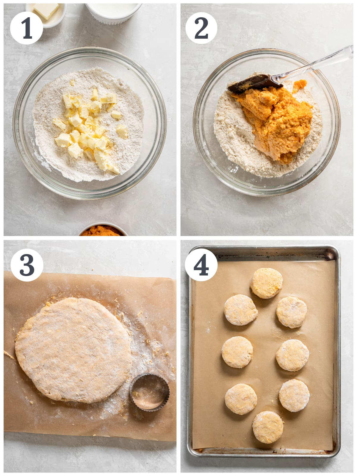 photo collage demonstrating how to make sweet potato biscuits in a mixing bowl and with a biscuit cutter.