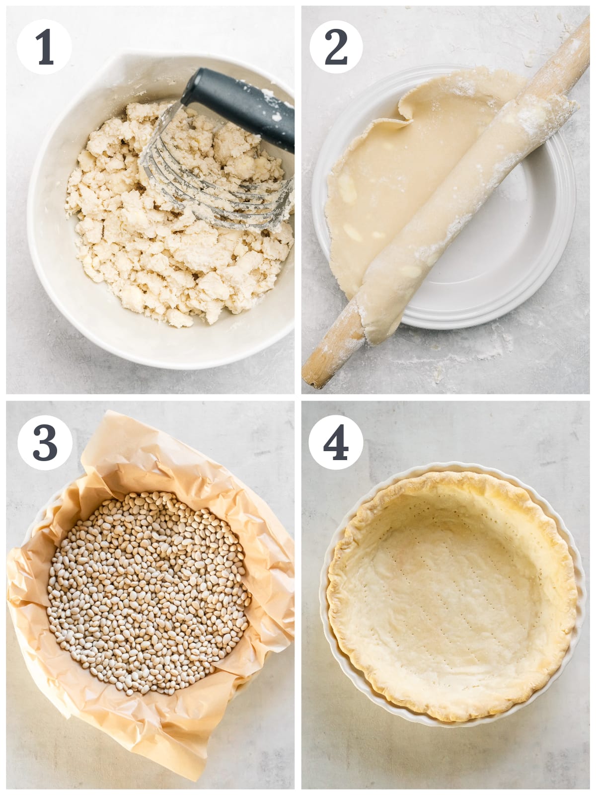 photo collage demonstrating how to make pie crust from scratch and prebake it with pie weights.