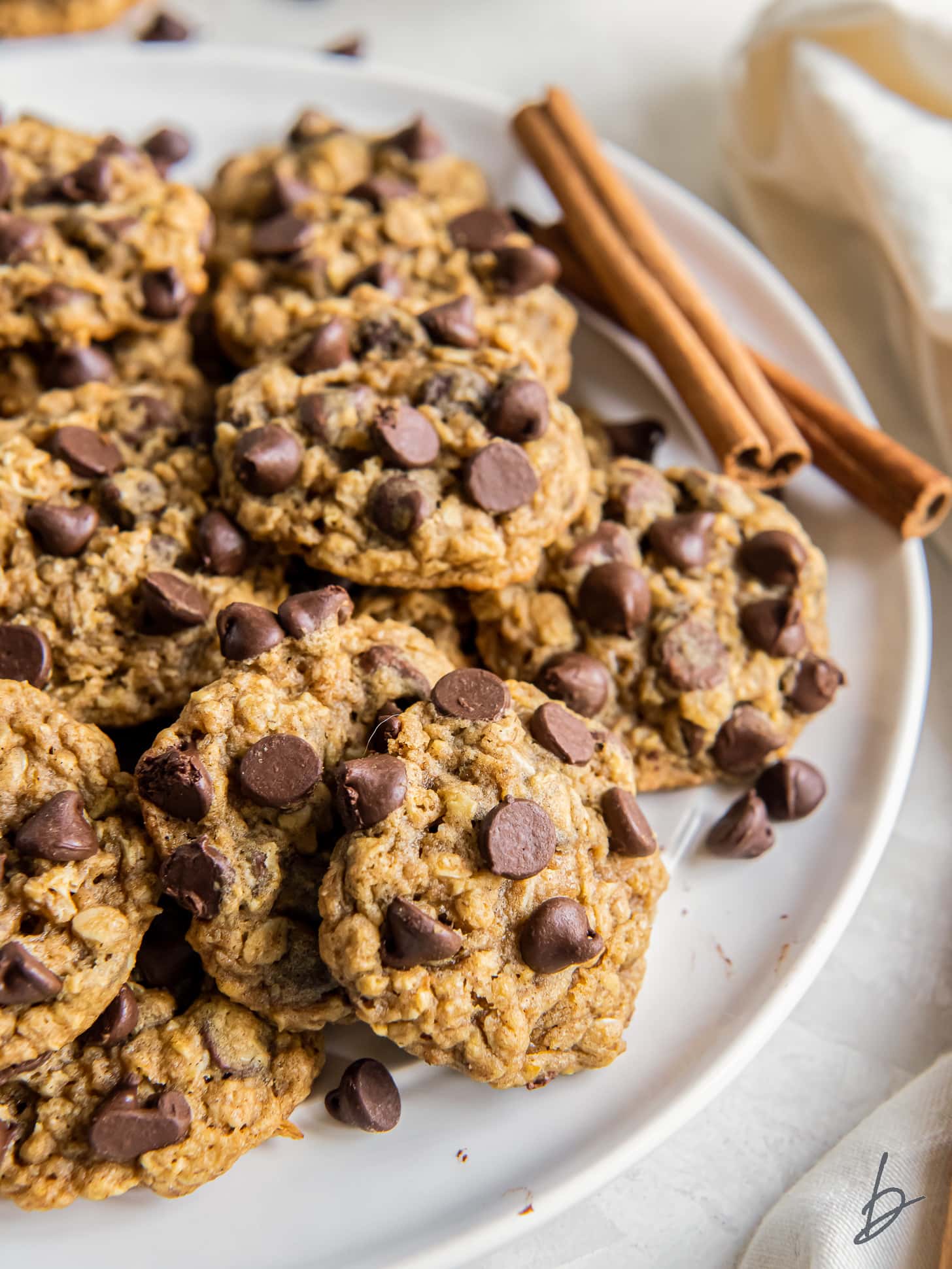 pumpkin oatmeal chocolate chip cookies on a plate with cinnamon sticks.