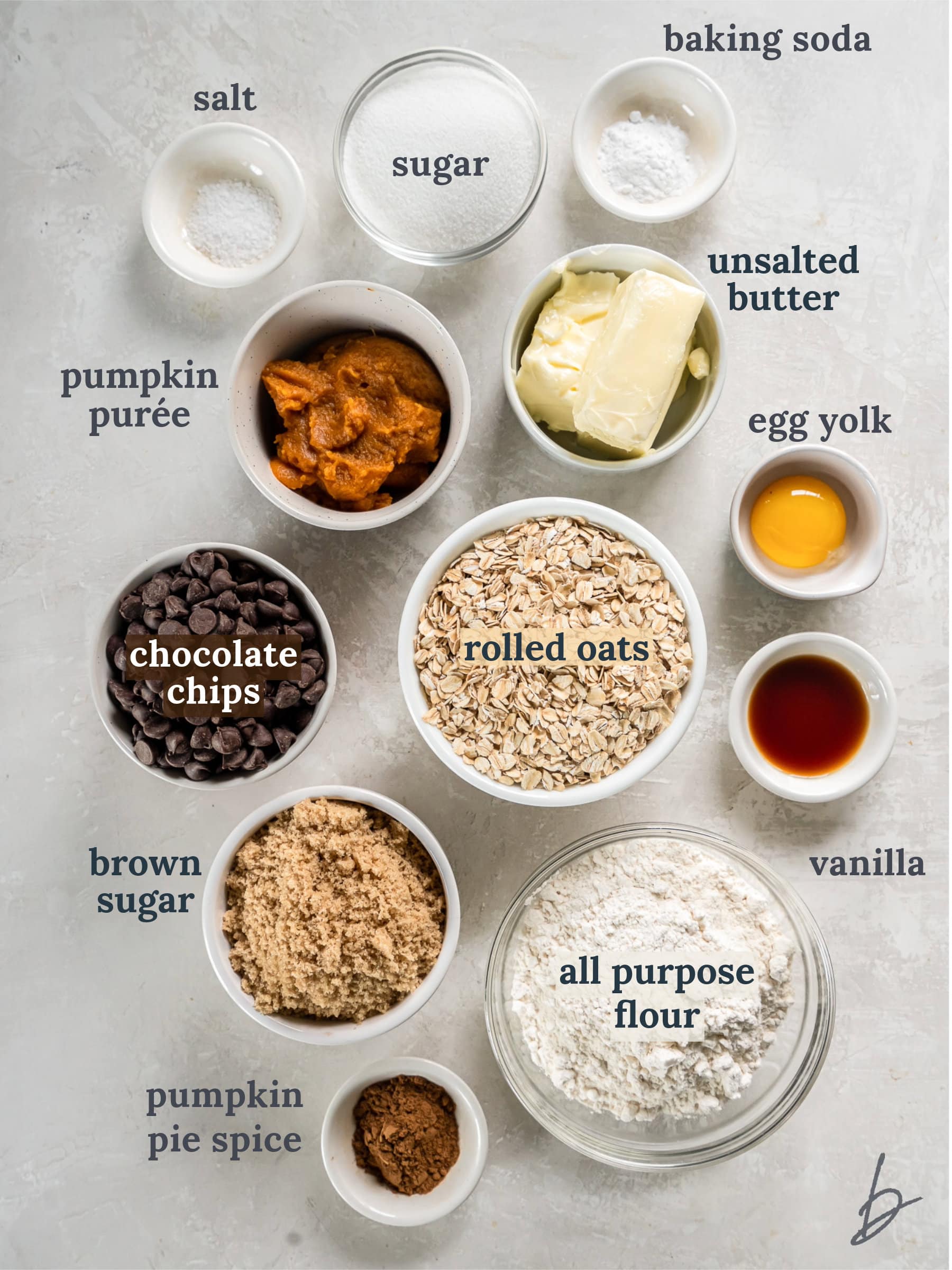 bowls of ingredients to make pumpkin oatmeal cookies with chocolate chips.