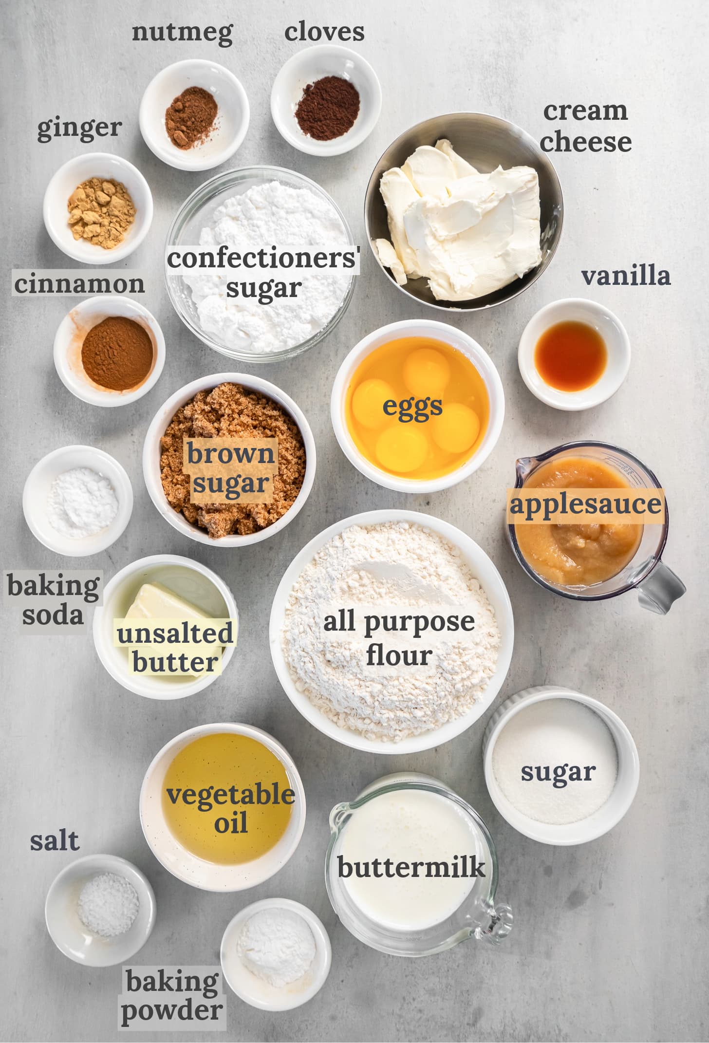 bowls of ingredients to make applesauce spice cake.