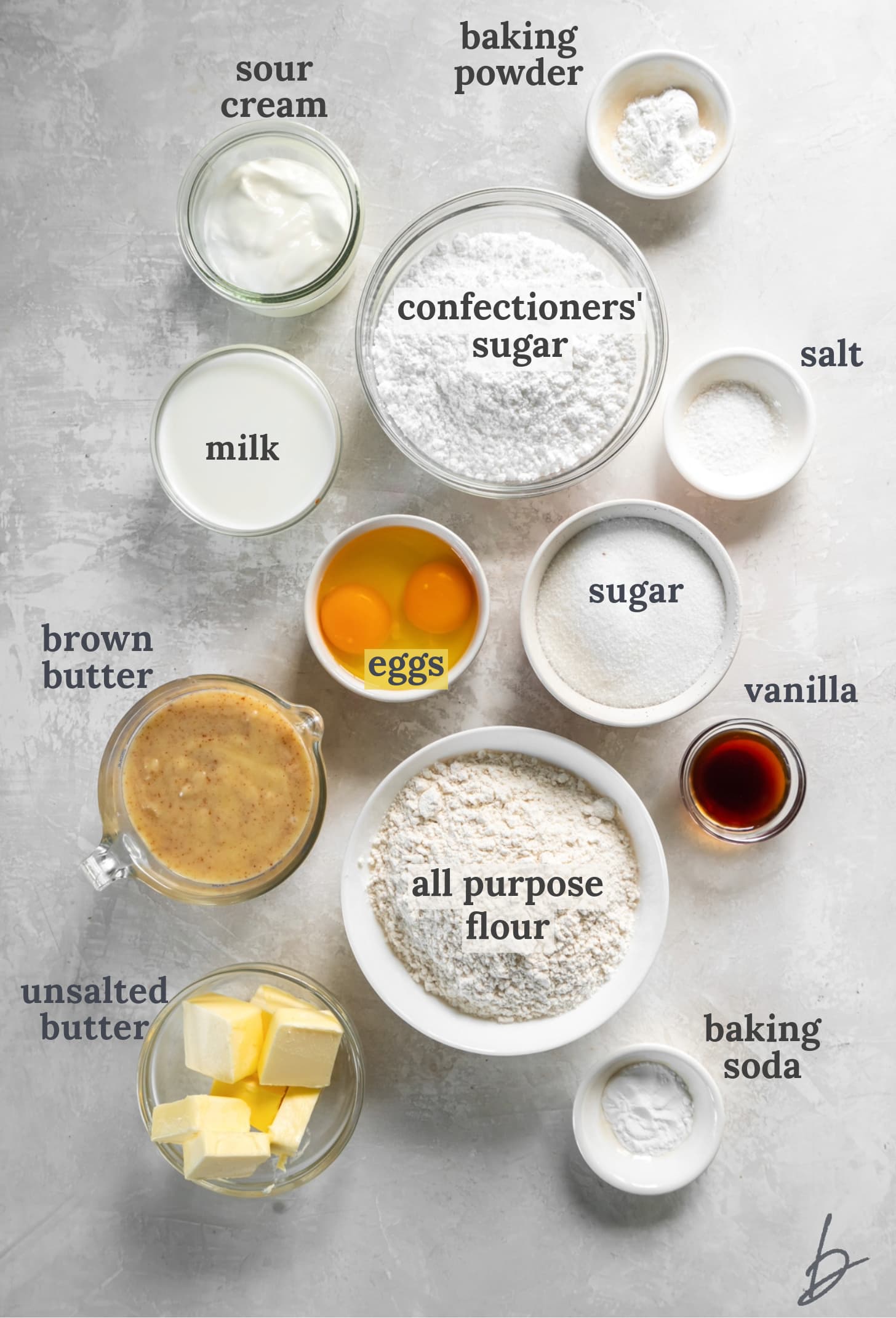 bowls of ingredients to make vanilla brown butter cupcakes.