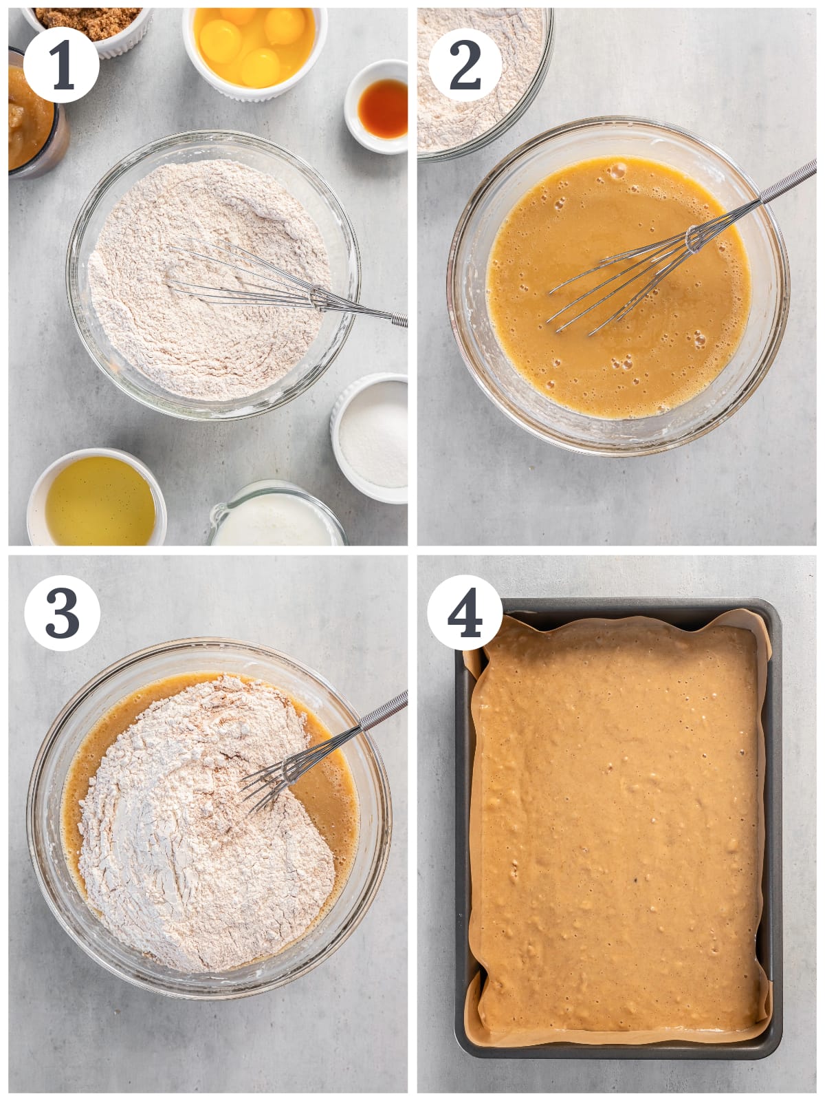 photo collage demonstrating how to make applesauce spice cake in a mixing bowl and 9x13 pan.