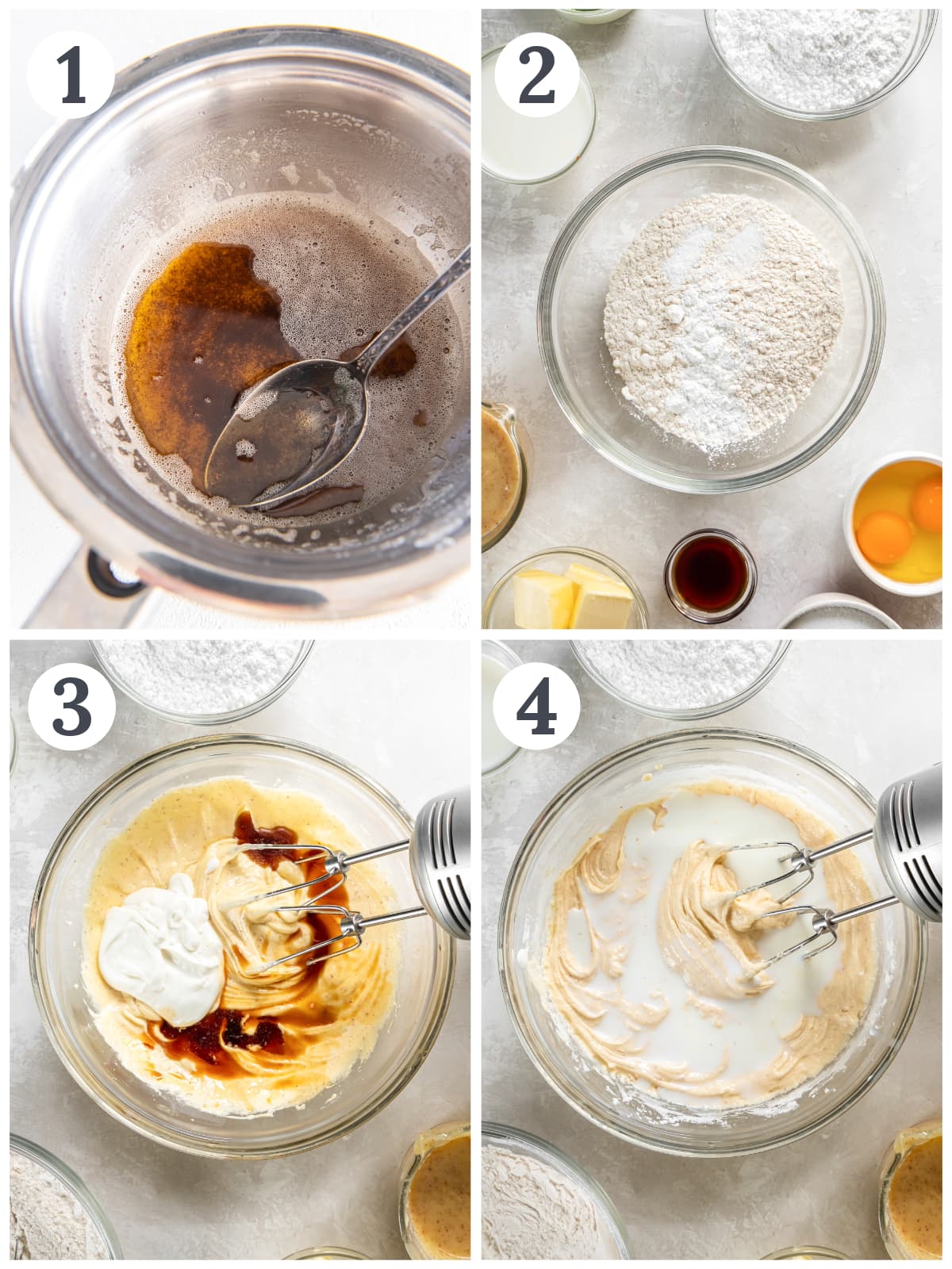 photo collage demonstrating how to make brown butter in a skillet and cupcake batter in a mixing bowl.