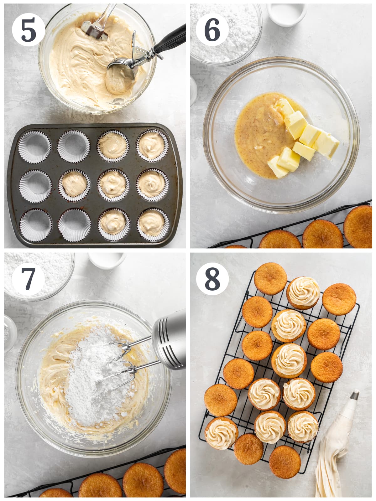 photo collage demonstrating how to make brown butter frosting and frost cupcakes.