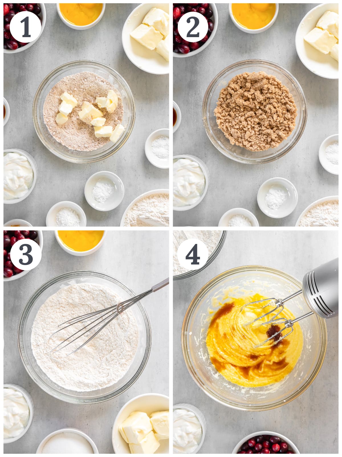 photo collage demonstrating how to make cranberry coffee cake streusel and batter in mixing bowls.