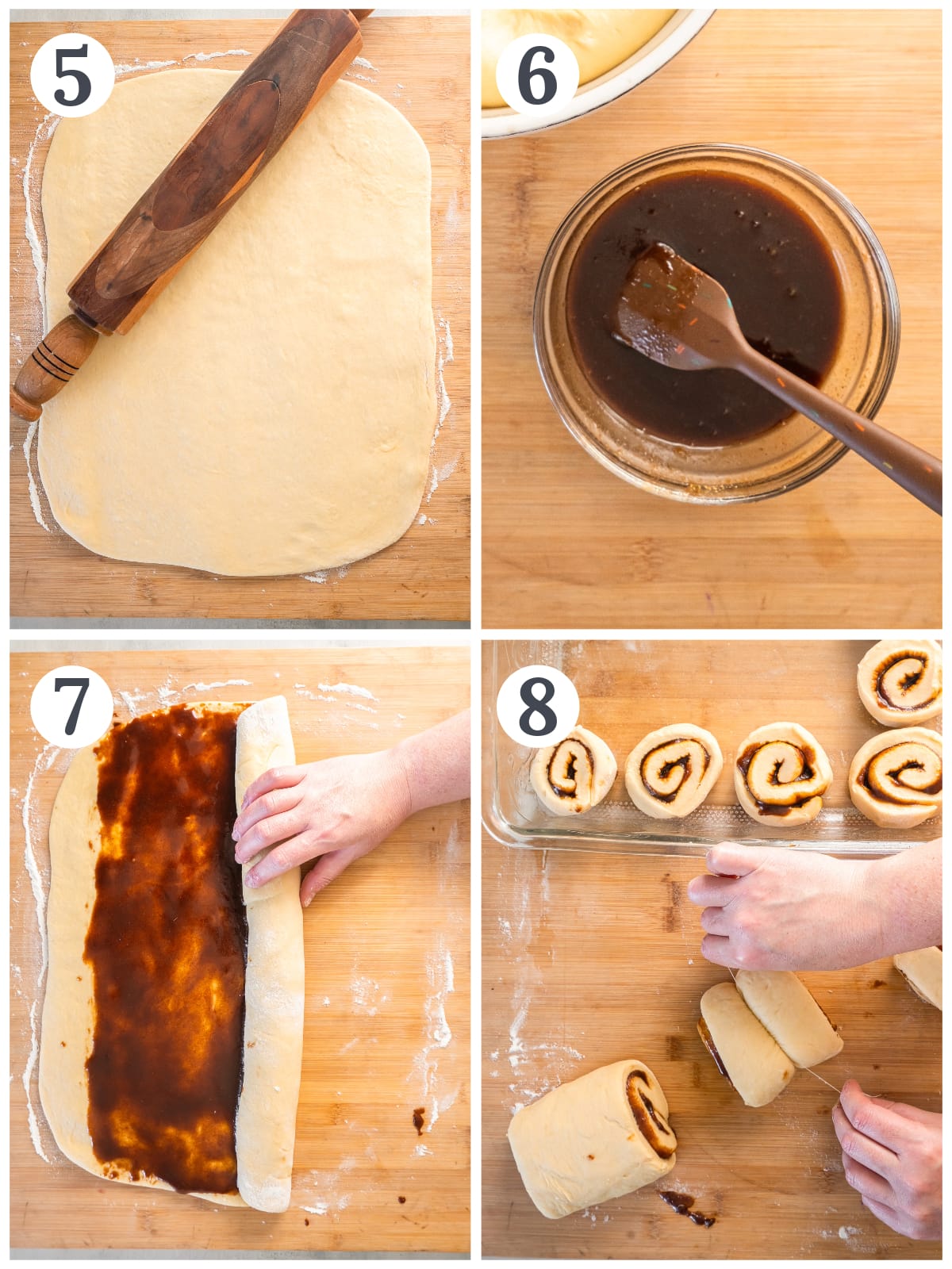 photo collage demonstrating how add filling and roll gingerbread cinnamon rolls.