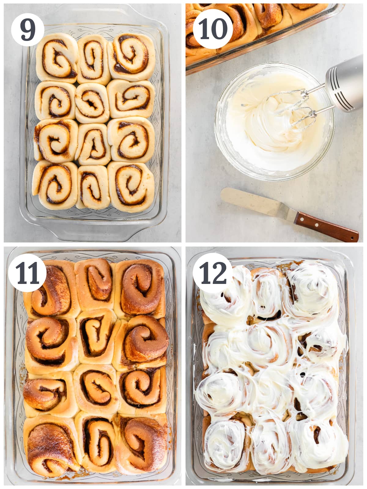 photo collage demonstrating how to bake cinnamon rolls and make cream cheese icing.