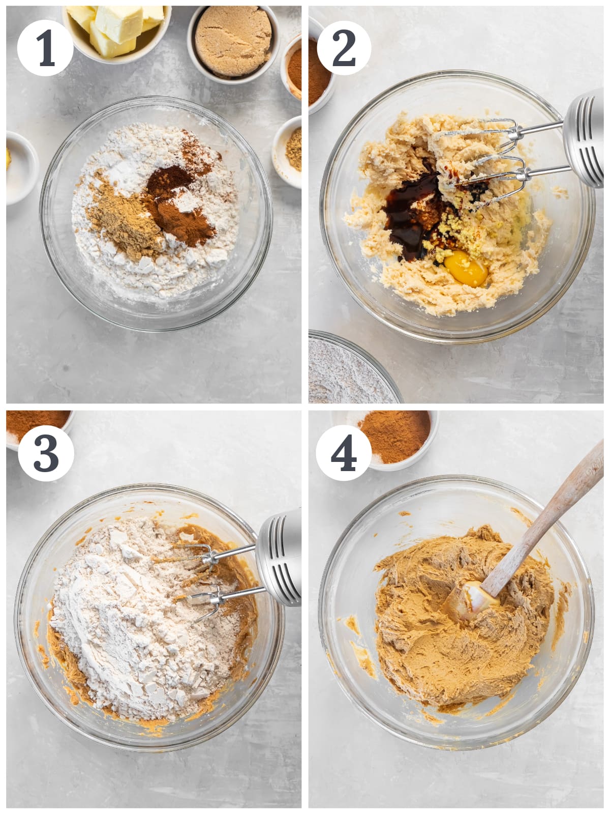 photo collage demonstrating how to make gingerdoodle cookies in a mixing bowl.