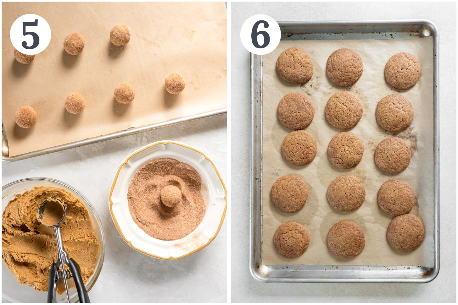 photo collage demonstrating how to roll gingerdoodle cookie dough in spiced sugar coating and bake on a baking sheet.