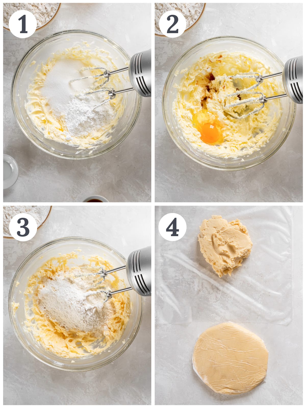 photo collage demonstrating how to make shortbread cookie dough for stamped cookies.