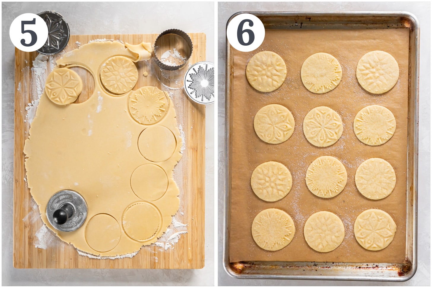 photo collage demonstrating how to roll dough and use cookie stamps for shortbread stamped cookies.
