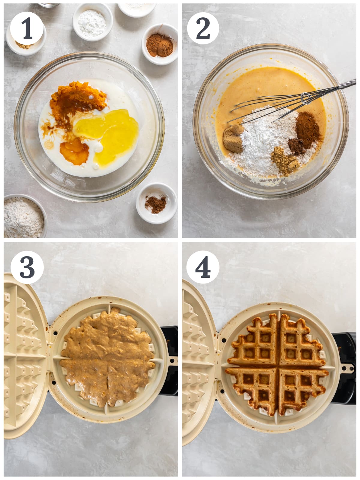photo collage demonstrating how to make sweet potato waffles in a mixing bowl and a waffle iron.