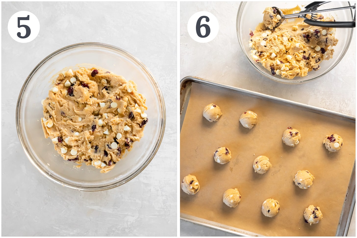 photo collage demonstrating how to chill and scoop cookie dough and place on a baking sheet.