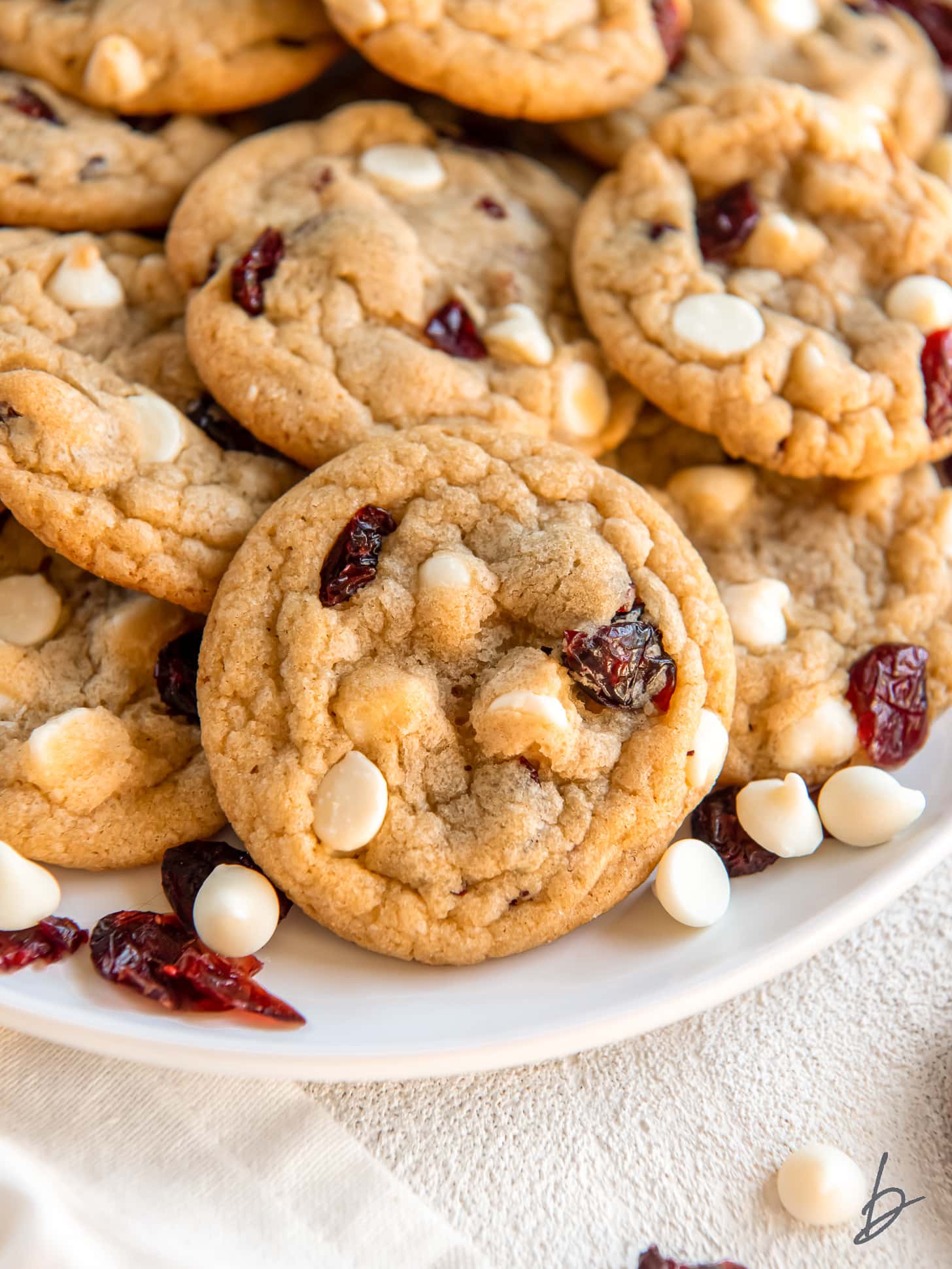 thick and chewy white chocolate cranberry cookie leaning on more cookies.