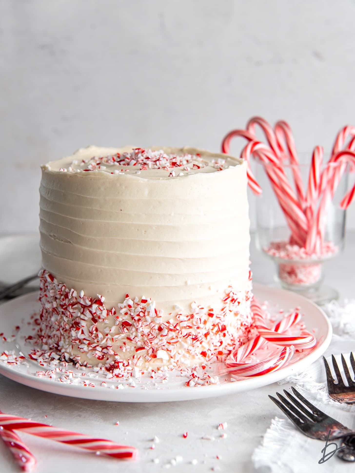 chocolate peppermint cake with white chocolate buttercream frosting and crushed peppermint candy as garnish.