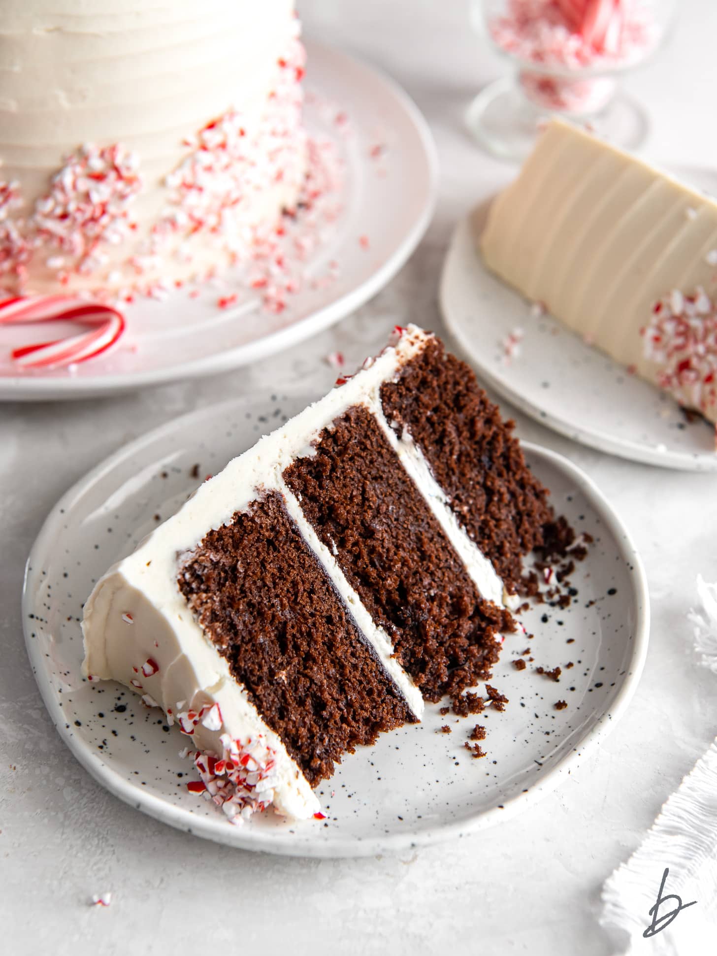 plate with slice of chocolate peppermint cake showing layers.