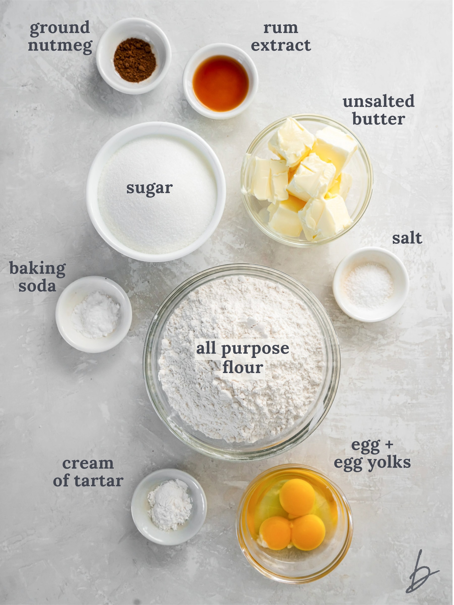 bowls of ingredients to make eggnog snickerdoodles.