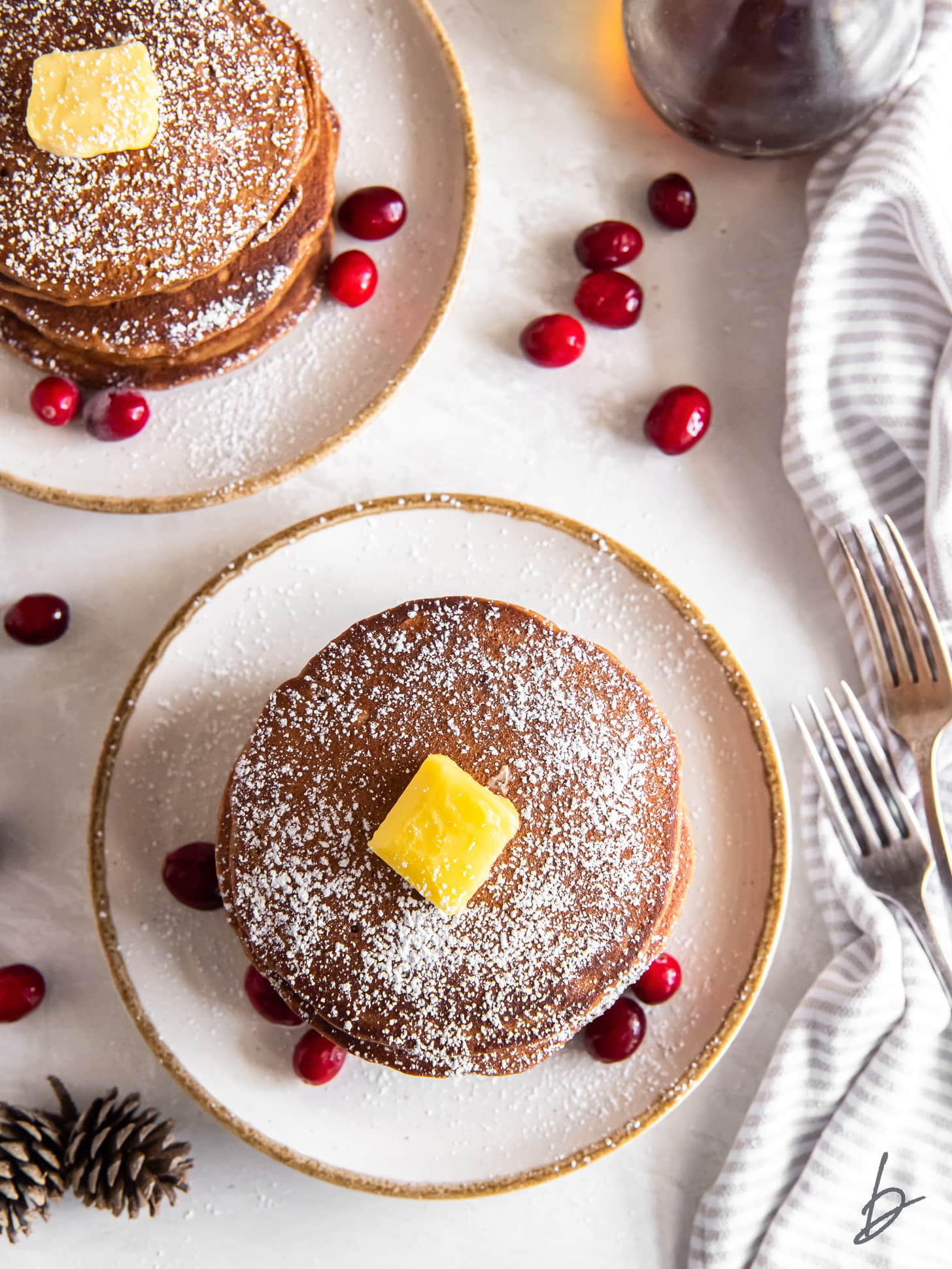 plate with stack of gingerbread pancakes with dusting of confectioners' sugar and pad of butter on top.