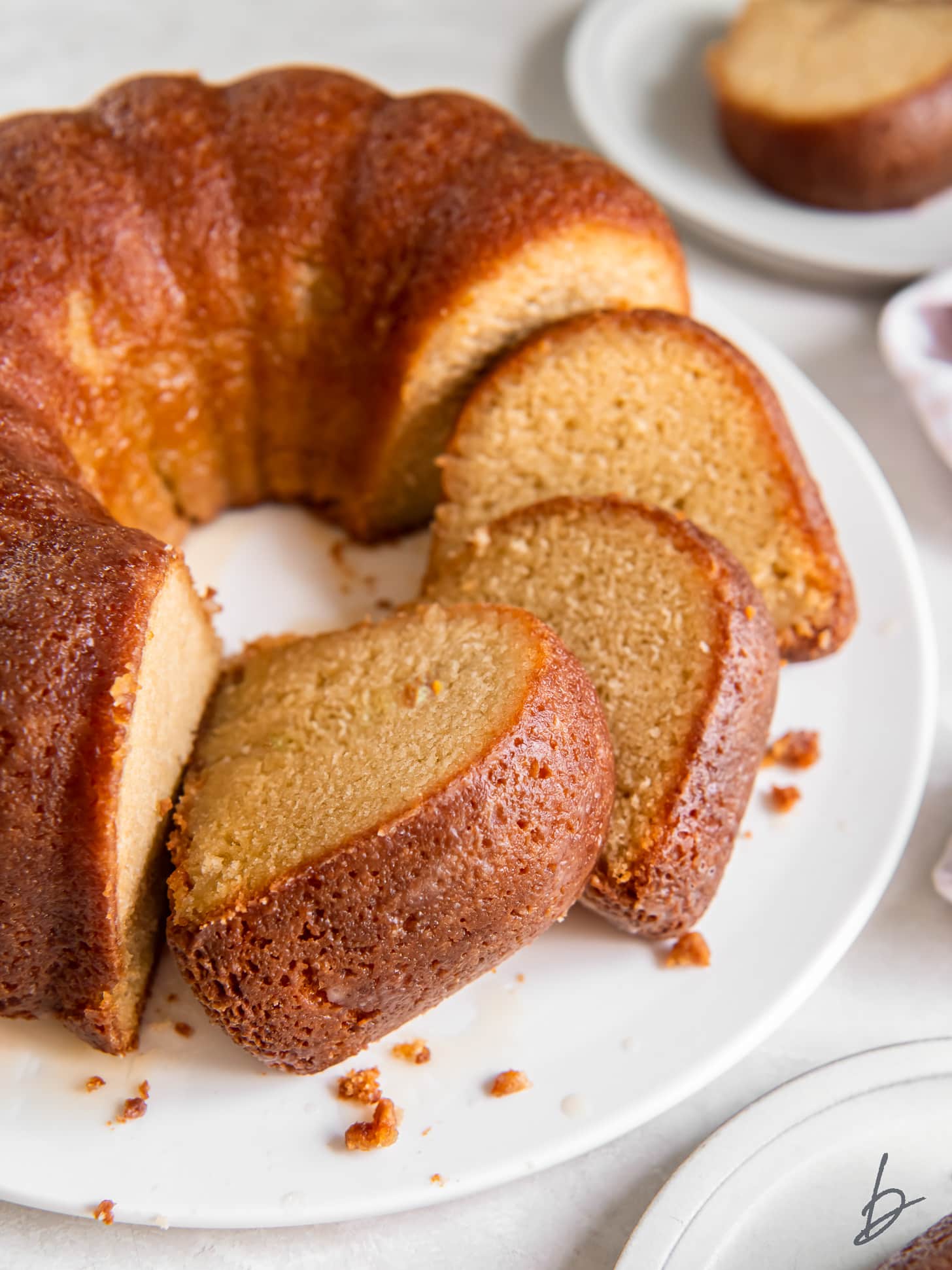 slices of homemade rum cake leaning on each other and bundt cake.