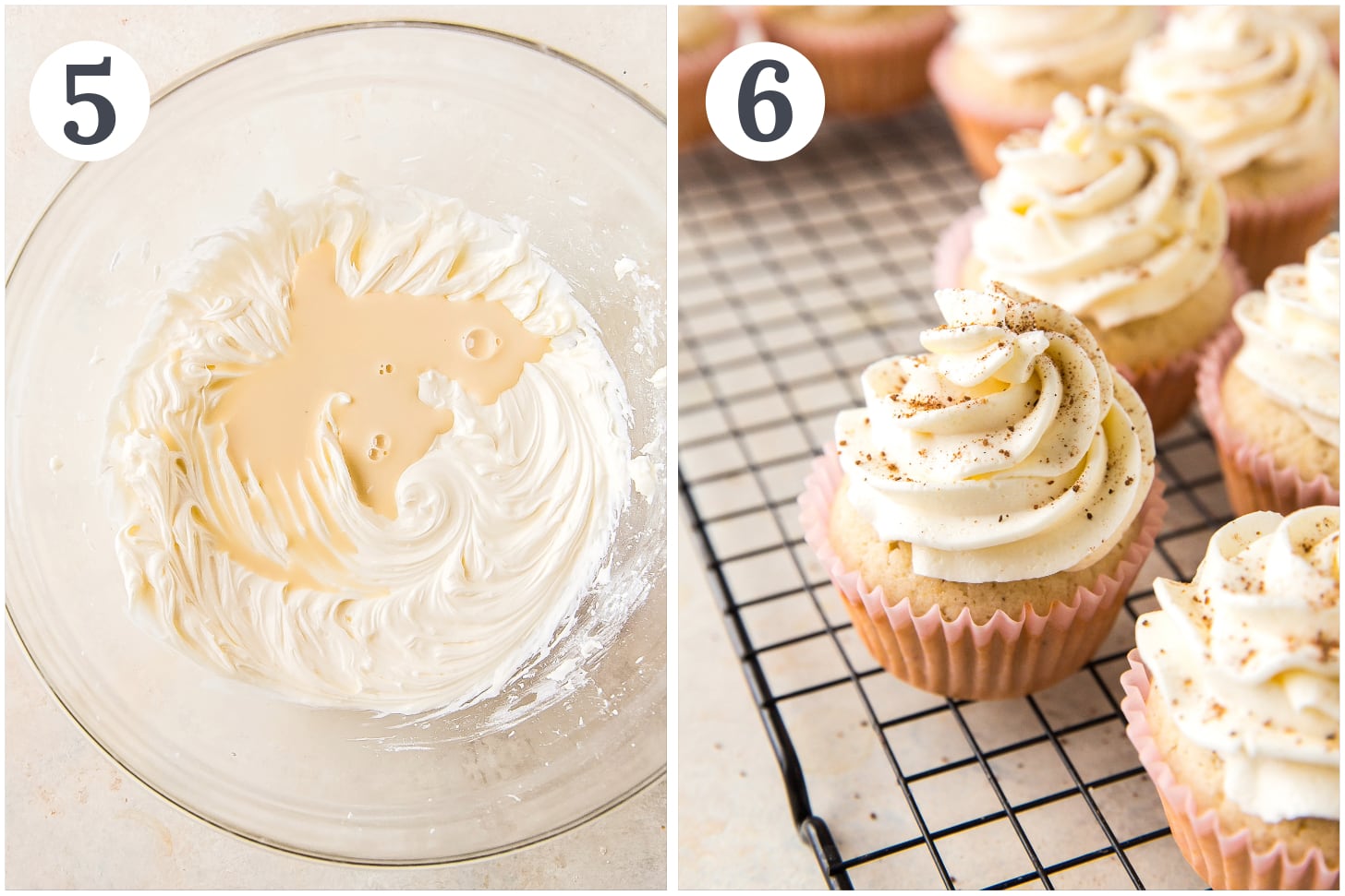 photo collage demonstrating how to make eggnog frosting and frost cupcakes.