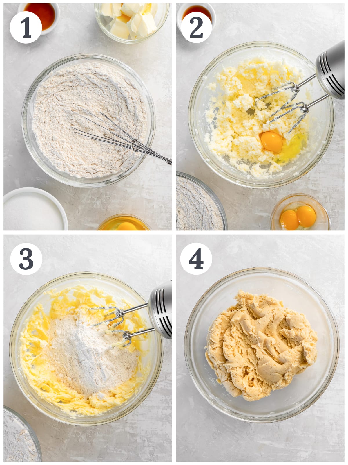 photo collage demonstrating how to make eggnog snickerdoodle dough in a mixing bowl with a hand mixer.