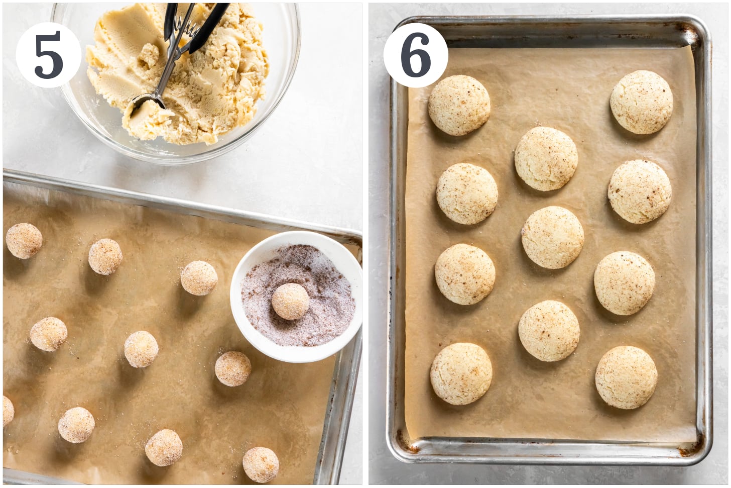 photo collage demonstrating how to roll cookie dough balls in nutmeg sugar and bake on a baking sheet.