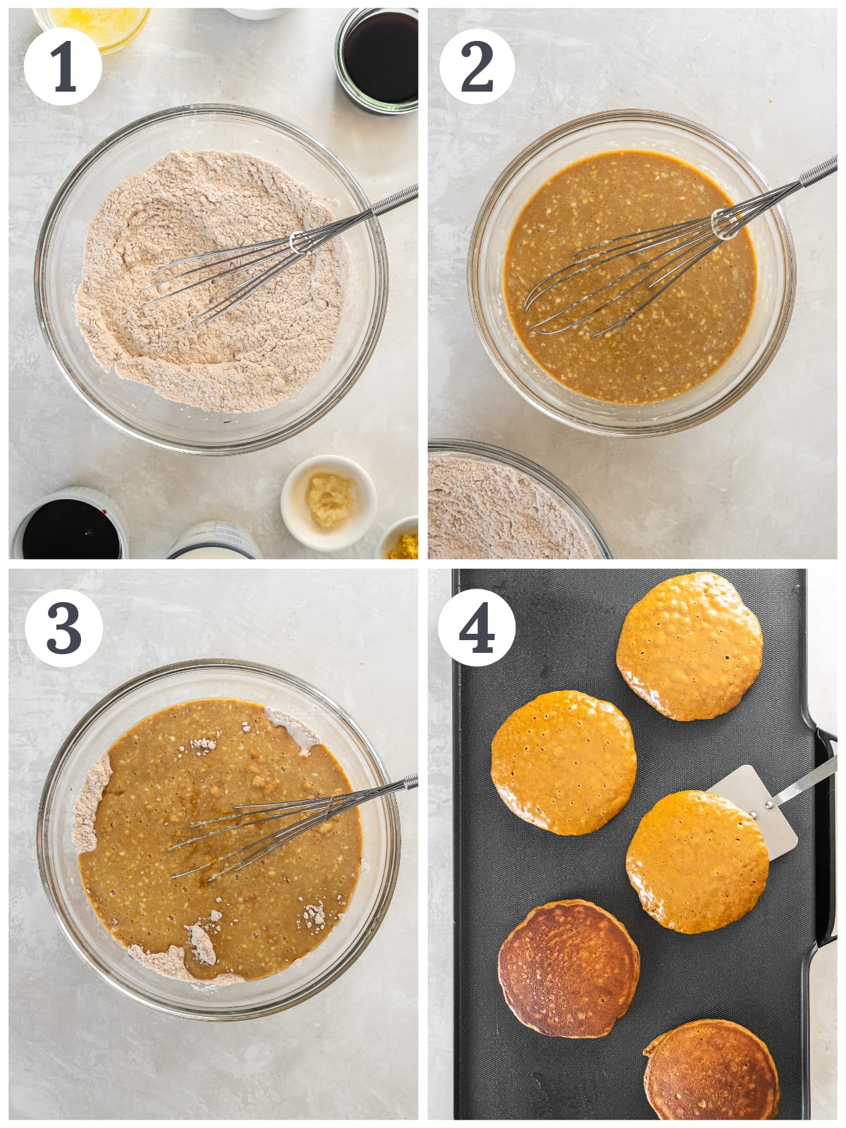 photo collage demonstrating how to make gingerbread pancakes in a mixing bowl and on a griddle.