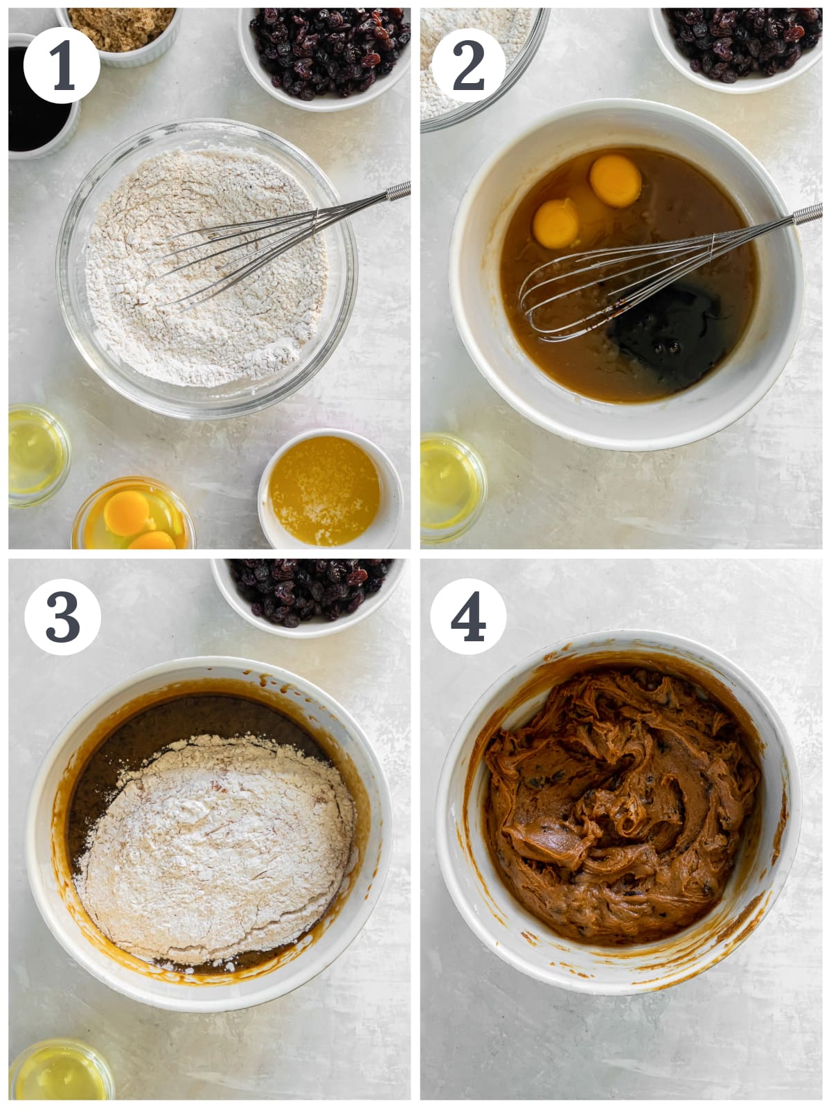 photo collage demonstrating how to make hermit cookie dough in a mixing bowl.