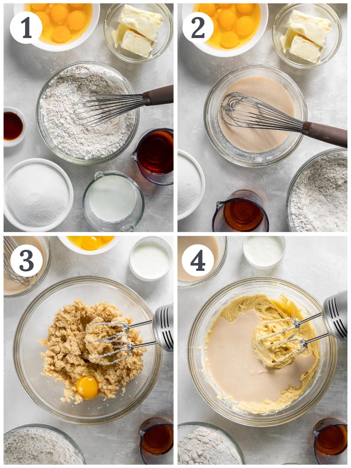 photo collage demonstrating how to make rum cake batter in a mixing bowl with a hand mixer.