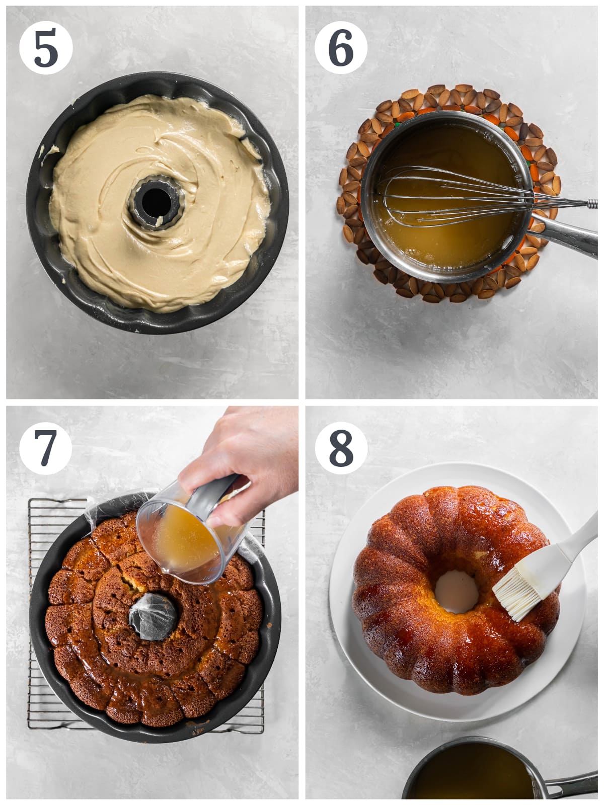 photo collage demonstrating how to make butter rum syrup in a sauce pan and soak it on rum cake in bundt pan.