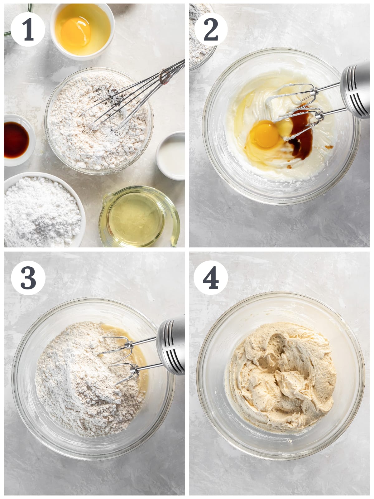 photo collage demonstrating how to make taylor swift chai cookies in a mixing bowl with a hand mixer.